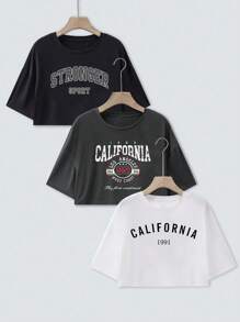 Chiquease 3 件套休闲圆领短袖 T 恤，带字母印花图案，女式上衣 - 彩色 - 查看 1