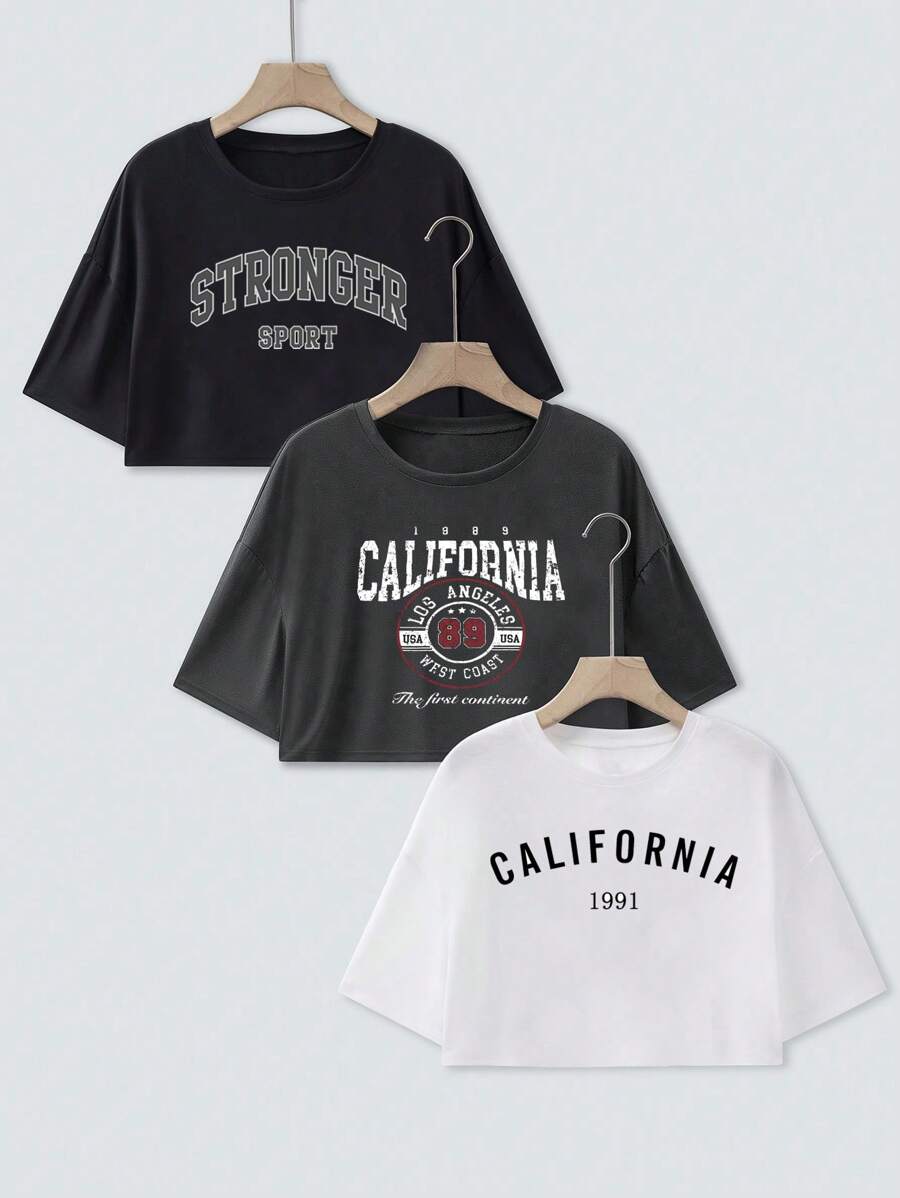 Chiquease 3 件套休闲圆领短袖 T 恤，带字母印花图案，女式上衣 - 彩色 - 查看 1