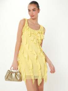 Enchnt Women's Solid Color Patchwork Ruffles Sleeveless Dress - Yellow - View 4