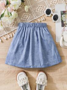 SHEIN Young Girl Fashionable Denim Effect Pleated Skirt, Ideal For Spring And Summer - Blue - View 2