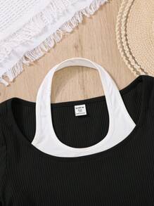 SHEIN Knitted Color Block Halter Neck 2 In 1 Ruffle Short Sleeve T-Shirt For Teen Girls