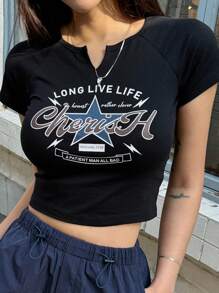 Dazy X KIMYOUJUNG 女式星星字母印花短款 T 恤 Y2k，图案 T 恤