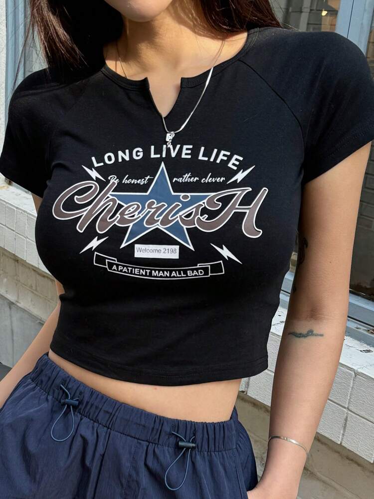 Dazy X KIMYOUJUNG Women's Short Cropped T-Shirt With Star And Letter Print Y2k,Graphic Tees