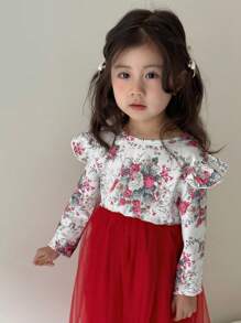 SHEIN 少女花卉印花撞色网眼荷叶边连衣裙 - 酒紅色 - 查看 8