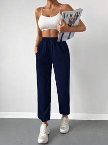 SHEIN Cottnline Pantalones De Carga Con Cintura Con Cordón Y Puños, De Color Sólido - Azul Marino - Ver 3