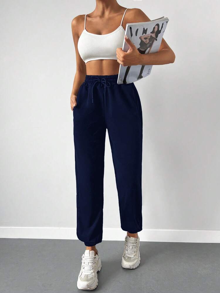 RueChic Solid Color Drawstring Waist Cuffed Cargo Pants - Navy Blue - View 3