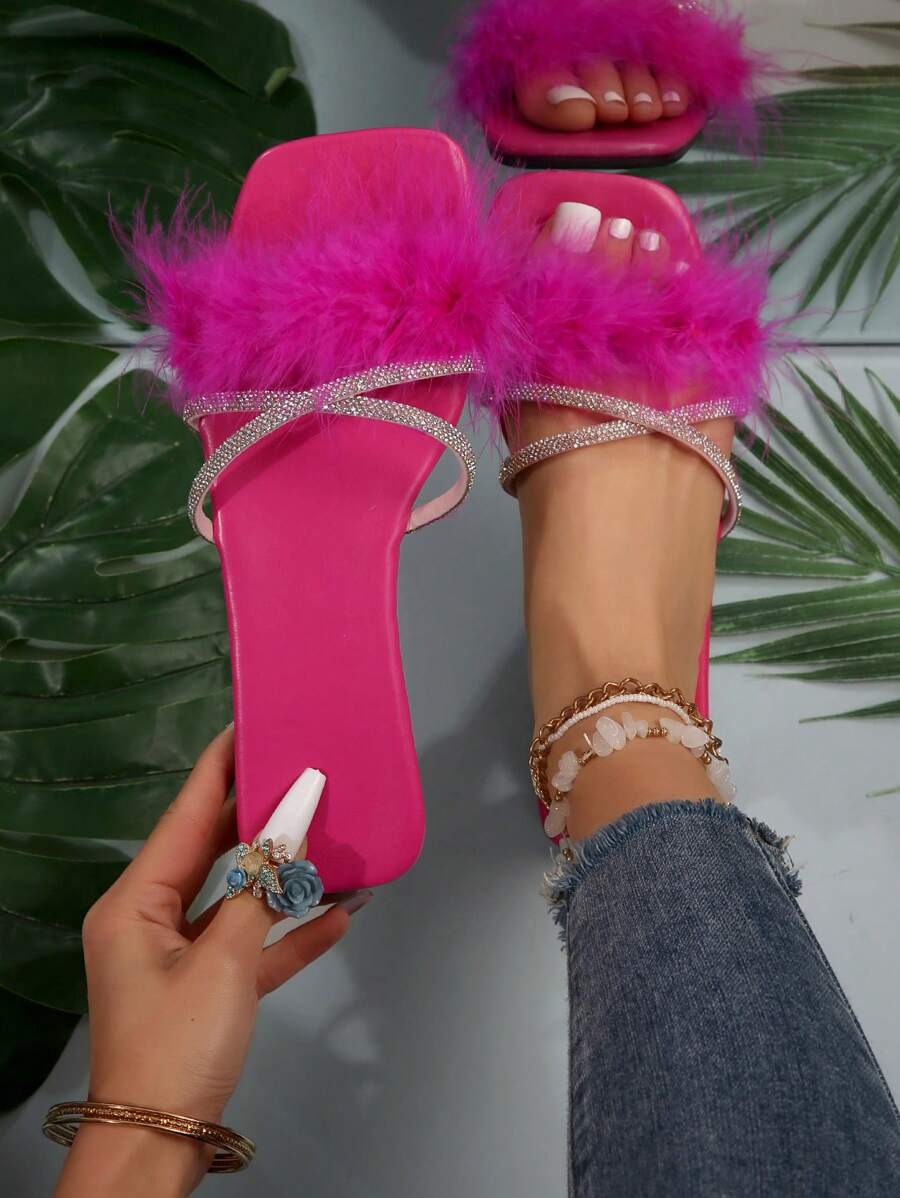 女士熱粉色夏季拖鞋，時尚百搭，優雅舒適平底涼鞋 - 玫紅色 - 查看 1