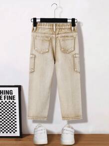SHEIN Young Boy Multi-Pocket Straight Leg Washed Khaki Denim Jeans,For Spring And Summer - Khaki - View 2