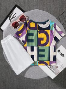 SHEIN 2pcs Young Boy Casual Sporty College Style Cute & Fun Dope & Letter Print Round Neck Short Sleeve T-Shirt And White Shorts. Suitable For Daily Wear, School, Travel, Sports; For Spring And Summer Seasons. - Multicolor - View 2