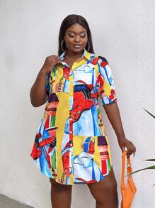 Breezaya Vestido De Camisa De Talla Grande Con Botones Y Estampado De Guitarra - Multicolor - Ver 4