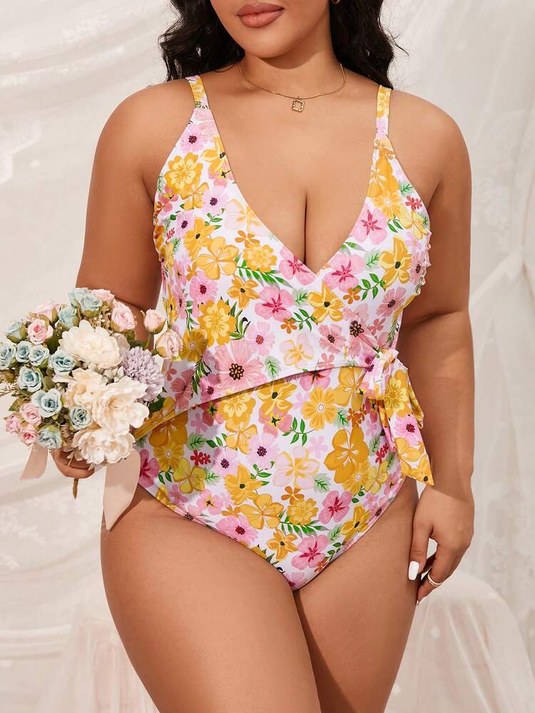 Summer Plus Size Floral Print V-Neck Tie Front Monokini