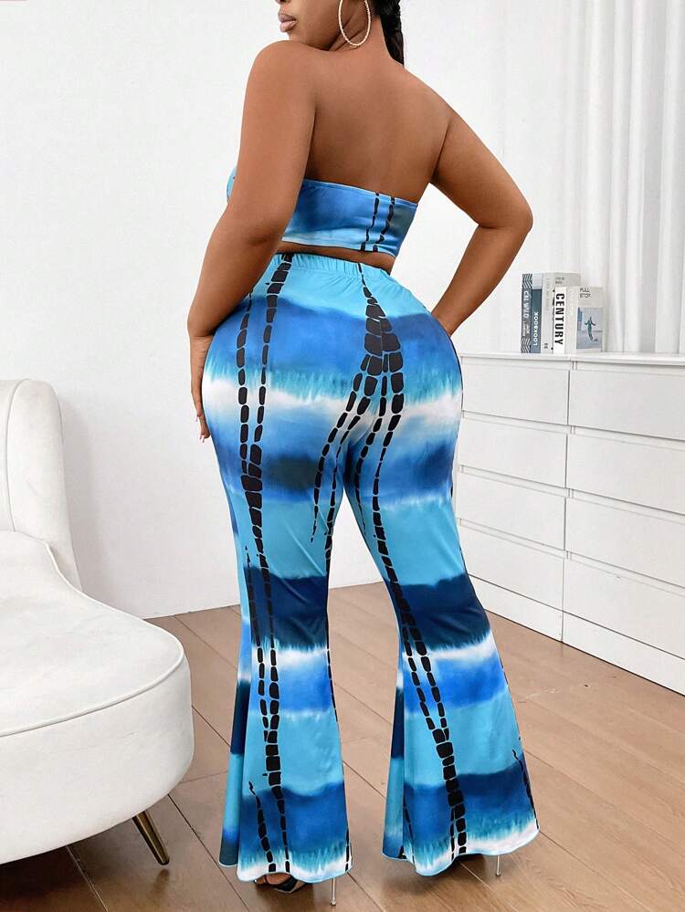 Plus Size Color Blocking Strapless Top And Elastic Waist Flared Pants