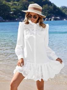 RueChic Embroidered Stand Collar Asymmetric Hem Dress