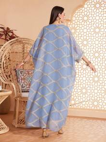 Patchwork Webbing V-Neck Batwing Sleeve Loose Casual Jalabiya - Dusty Blue - View 2