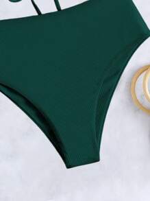 SHEIN Swim Summer Beach Women's Bandeau Bikini Set With Ribbed Design Strapless Bikini Set - Dark Green - View 3