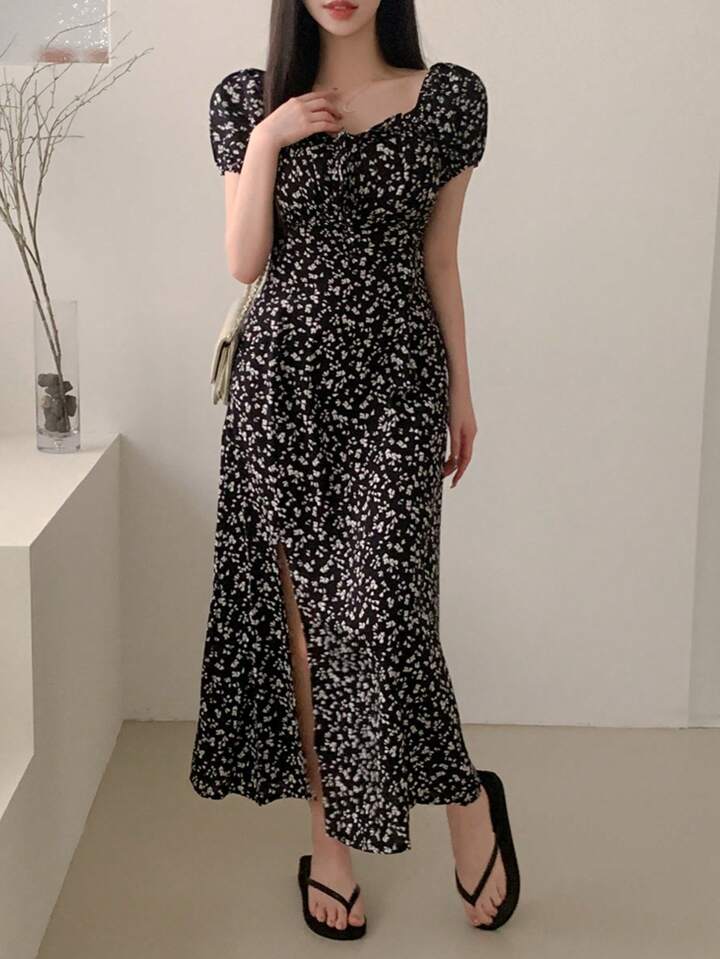 DAZY 女性用 フロントスリット バブルスリーブ フラワープリント