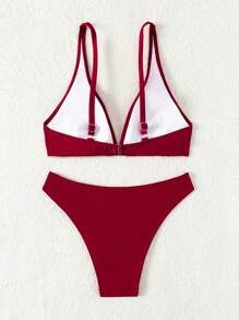 SHEIN Swim Women's Solid Color Swimwear Set Bra & Bikini Bottom Bikini Set For Summer Beach - Burgundy - View 4