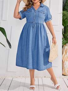 SHEIN Privé 大尺寸短袖牛仔襯衫連身裙 - 淺色水洗藍 - 查看 6