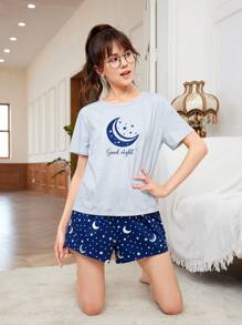 SHEIN Set Di Vestiti Per Teenager Ragazze Con T-shirt A Manica Corta E Pantaloncini In Maglia Con Stampa Di Luna Per Indossare A Casa - Multicolore - Visualizzare 1