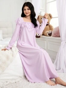 少女新款優雅荷葉邊長袖睡袍，家居服 - 紫色 - 查看 3