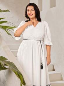 Mulvari Robe Grande Taille À Manches À Volants Avec Imprimé Géométrique - Blanc - Voir 4