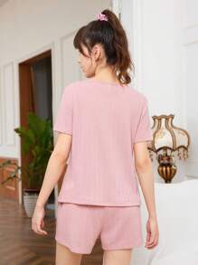 SHEIN 少女針織提花缺角領短袖t卹短褲休閒睡衣套裝 - 粉色 - 查看 2