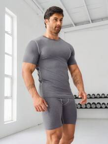 Manfinity Sport Corelite 男友风男士纯色圆领短袖T恤短裤运动套装，运动服，男士运动短裤套装，健身套装，锻炼套装 - 灰色 - 查看 5