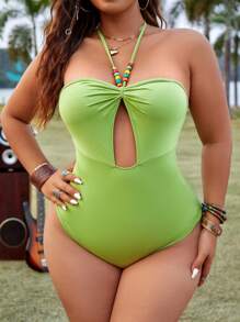 Flirla Plus Hollow Out Front Halter Neck Bodysuit - Green - View 3