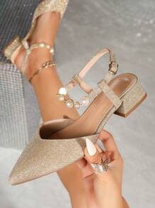 Women's Fashion Comfortable Christmas Pointed Toe Backless Strap Chunky Heel Slip-On Pumps, Suitable To Wear With Dresses