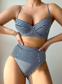 Swim Chiccia Striped V-Neck Spaghetti Straps Bikini Set, Two Pieces Bikini Set, Beach Outfit Bathing Suit CLEAN FIT Summer,Summer Beach - Blue and White - View 7