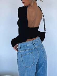 Zyxie قميص مقصر نسائي بلون سادة، مصمم نحيل مع تصميم ظهر عاري