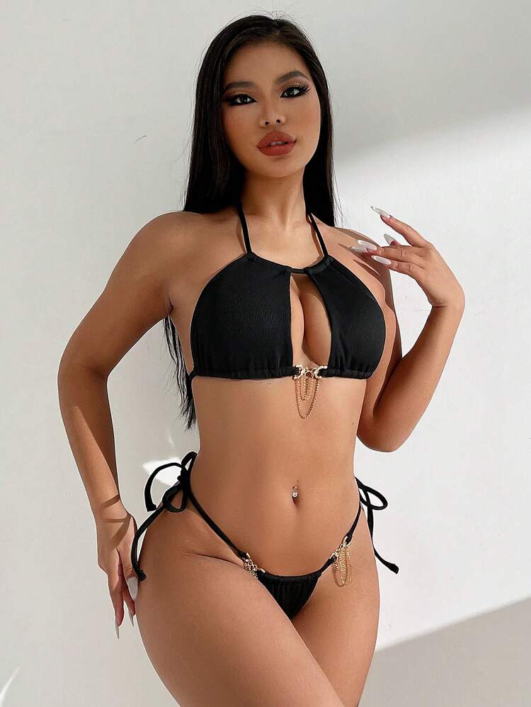 Halter Neck Chain Detail Bikini Set, Swimwear Bathing Suit Beach Outfit Summer Vacation