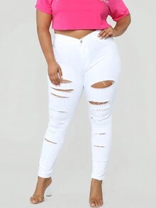 Pantalones ajustados, rasgados y de talla grande con pie pequeño - Blanco - Ver 5