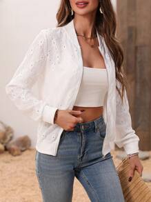 SHEIN LUNE Chaquetas Casuales Bordadas Con Diseño Ahuecado Y Cierre A Través De Cremallera - Blanco - Ver 5