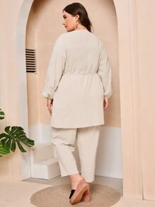 Mulvari 大尺碼純色燈籠袖上衣和褲子兩件套裝 - 杏色 - 查看 2