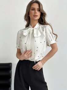 Firerie 适合婚礼季节的优雅通勤和度假心形印花领结长袖衬衫 - 白色 - 查看 4