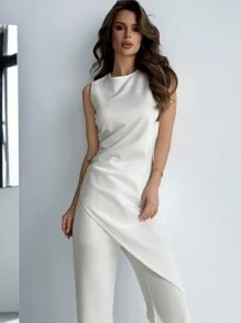 Aloruh 女士不对称下摆收腰上衣 + 喇叭裤 2 件套，白色，商务/婚礼季节 - 白色 - 查看 3