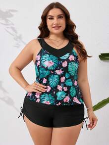 Swim Lushoire 大碼熱帶印花背心和黑色純色短褲泳裝套裝,適用於夏天、游泳、海灘派對 - 彩色 - 查看 5