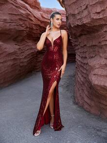 LOVE&LEMONADE 女士性感亮片露背系带吊带背心连衣裙，适合晚会 - 酒紅色 - 查看 4