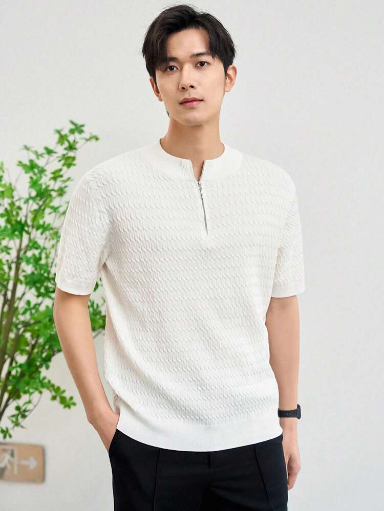 Men's Half Zipper Short Sleeve Cable Knit Sweater For Summer