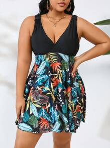 Swim Lushoire Traje de baño de dos piezas con estampado de plantas tropicales para mujer de talla grande, conjunto de tankini, traje de baño de verano, ropa de playa de verano - Multicolor - Ver 4