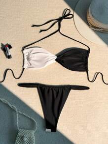 Swim SXY Women's Contrast Color Halter Strap Bikini Set Summer Beach - Black and White - View 6