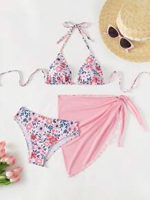 Swim Mod Summer Beach Women's Floral Printed Halter Neck Tie Bikini Set