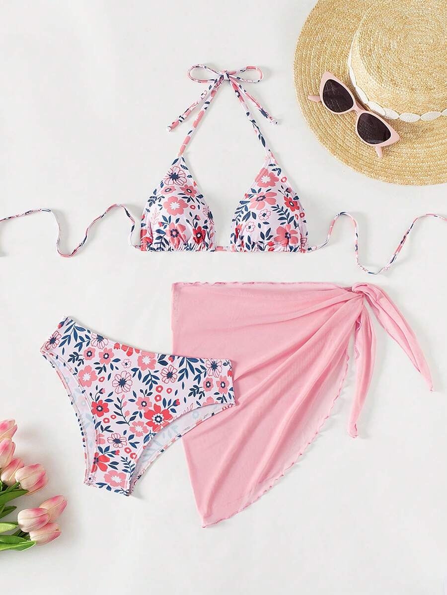 Swim Mod Summer Beach Women's Floral Printed Halter Neck Tie Bikini Set