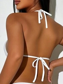 SHEIN Swim 夏季海滩女士露背系带泳衣上衣嘉年华 - 黑與白 - 查看 2