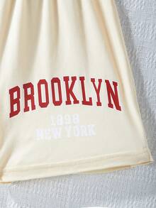 少女字母印花短袖t恤和短褲2件套 - 杏色 - 查看 3