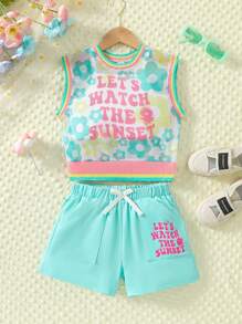 SHEIN 少女夏季新可愛服裝套裝：背心，有空洞&口號印花的網紗背心，休閒短褲 3入組 - 綠色 - 查看 4