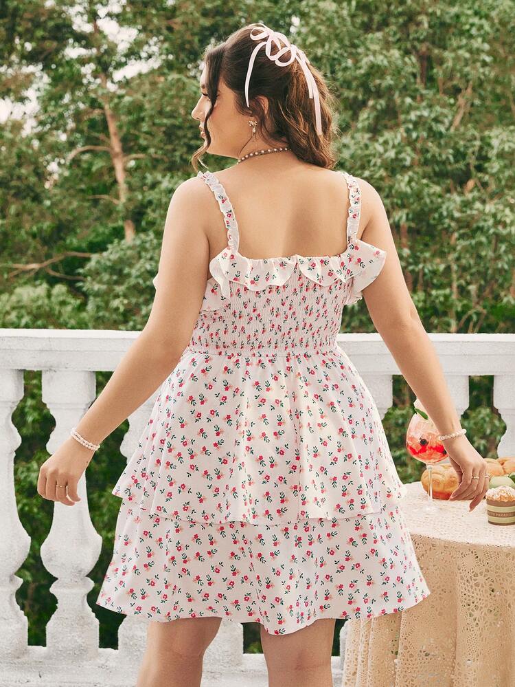 Plus Size V-Neck Strap With Ruffle Trim Double-Layer Swing A-Line Cami Dress