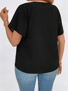 SHEIN LUNE 女士大尺碼露肩短袖上衣 - 黑色 - 查看 2