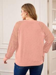 SHEIN LUNE Plus Size Women's Contrast Lace Raglan Long Sleeve Round Neck Sweatshirt Graduation,Back To School,Teacher Pullover Fall Winter Autumn - Pink - View 2